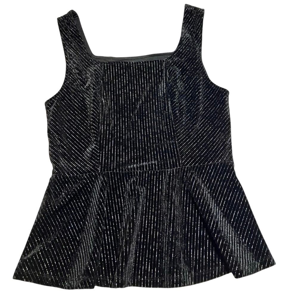 Altar’d State Black Velour Gold Striped Peplum Top Square Neck Sleeveless Size M